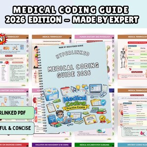 Könnte beinhalten: Ein spiralgebundener Medical Coding Guide 2026 mit einem farbenfrohen Einband, der medizinische Utensilien, einen Computer und eine lernende Person zeigt. Der Text lautet Medical Coding Guide 2026, Hyperlinked und Medical Coding Practice Exams.