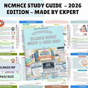 May include: A spiral-bound NCMHCE Study Guide & Quiz 2026 edition featuring a colorful illustrated cover with medical icons, a laptop, and study notes. The background displays multiple pages of educational content with the text NCMHCE STUDY GUIDE – 2026 EDITION – MADE BY EXPERT, HYPERLINKED PDF, and 100% PASS RATE.