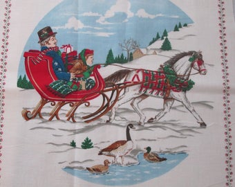 Quilt Block Vintage Christmas Xmas Sleigh Ride in the Snow Horses