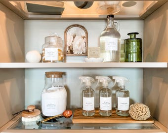 May include: A white shelf with various cleaning supplies and a few decorative items. The shelf is divided into two sections. The top section has a glass jar with a label that says "Laundry Soap", a glass bottle with a label that says "Washing Detergent", and a green glass bottle. The bottom section has four spray bottles with labels that say "Bleach", "Stain Remover", "Vinegar", and "Laundry Detergent". There is also a wooden brush and a loofah sponge on the shelf.