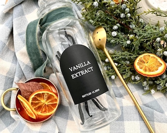 Etiquetas de extracto de vainilla • Arco negro, pegatinas impermeables y resistentes al aceite