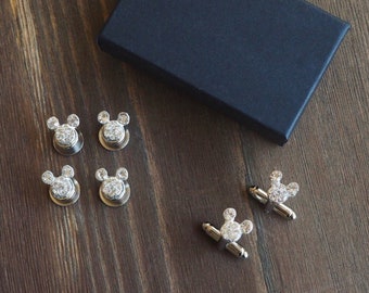 Set of 4 Rhinestone Mickey Mouse Ear Tuxedo Studs & Cufflinks Set - Silver