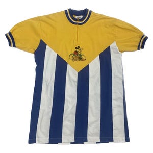 May include: A yellow and blue striped cycling jersey with a half-zip closure. The jersey features a cartoon image of Mickey Mouse riding a bicycle.