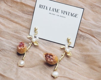 The Mickey Mouse Ear Pearl Pink Rose Dangle Earrings