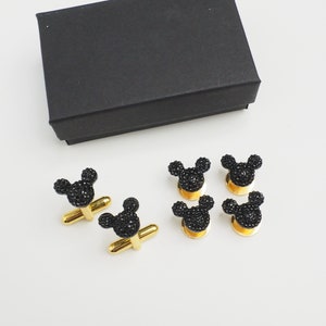 Set of 4 Black Mickey Mouse Ear Tuxedo Studs & Cufflinks Set - Gold