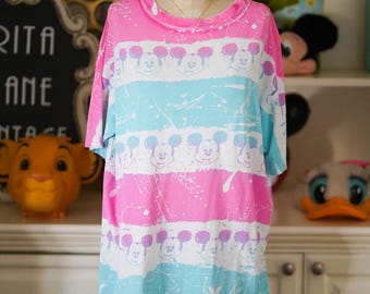 Camiseta extragrande auténtica de Mickey Mouse de Disney, años 80 y 90, en blanco, rosa y azul (M-XL)