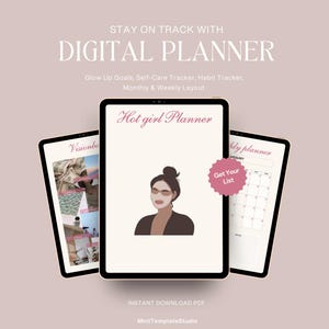 Puede incluir: Planificador digital con el texto "STAY ON TRACK WITH DIGITAL PLANNER". El planificador incluye un diseño "Hot girl Planner", un rastreador de autocuidado y un diseño mensual y semanal. También incluye el texto "INSTANT DOWNLOAD PDF".