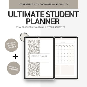 Puede incluir: Dos tabletas muestran un planificador digital para estudiantes. El texto dice "ULTIMATE STUDENT PLANNER" y "STAY PRODUCTIVE & ORGANIZE YOUR SEMESTER." Incluye una mini guía y 64 pegatinas digitales. Compatible con Goodnotes & Notability.