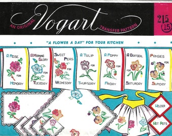 Vintage Vogart Transfer Pattern # 215 A Flower a Day for your Kitchen Embroidery for Dish Towels and Aprons - Uncut