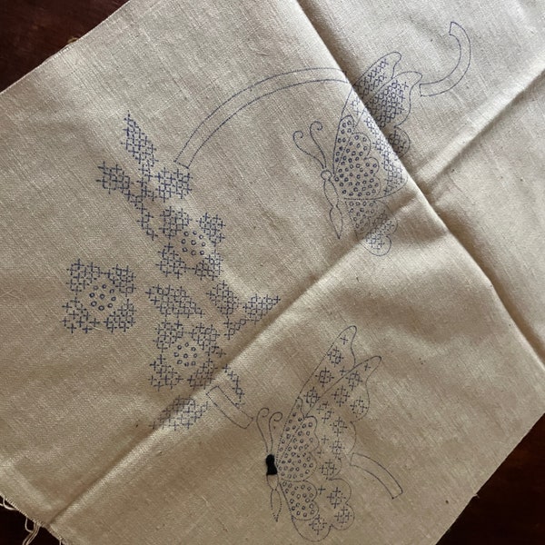 1940's Stamped Embroidery Dresser Scarf  Butterfly's and Flowers on Each End  Soft Fine Linen Dresser Scarf Embroidery Project