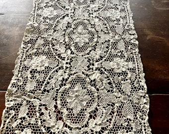 Antique Handmade Venetian Gros Point Lace Table Runner  Holiday Table Linen - 15 " Wide by 66 " Long Crocheted with White Cotton Thread