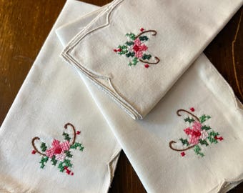 Set of 3 Napkins  White Linen with Cross Stitch Embroidery Detail  Floral Motif on one corner - 15 " x 15 " Square