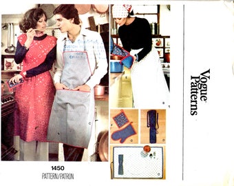 Vogue Sewing Pattern 1450 for Kitchen Accessories Full Cover Apron Butcher Block Aprons Half Apron Placemats and Potholders - Size S UNCUT