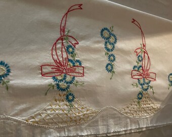 Pair of Vintage Pillowcases already Embroidered Flowers in Baskets Needs Crochet Edging  Finishing Touch for Cotton Bed Linens