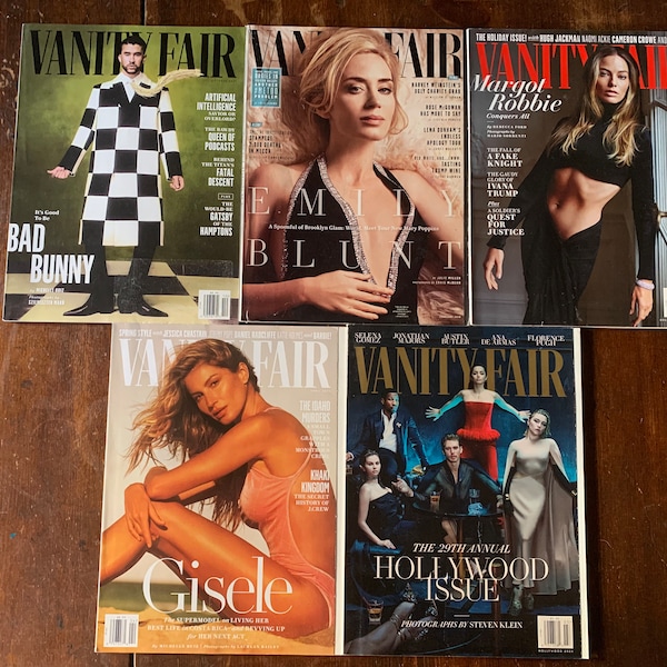 Lot of 5 Vanity Fair Magazines  with Emily Blunt  Bad Bunny  Gisele  Margot Robbie & 29th Annual Hollywood Issue Covers