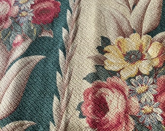 Handmade Early 1940's Barkcloth Pillow Cover  Green Ground with Dark Pink Roses & Off White to Beige Leaves in Vertical Pattern  21 " x 16 "
