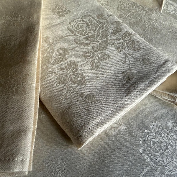 Irish Linen Dinner Napkins Handmade from Handwoven Rose Damask Linen  Set of 6  : 21 inches Square