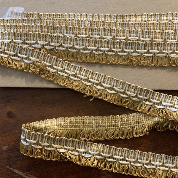 1980's Vintage Flat Brush Trim in White and Gold 1 inch Wide Trim for Crafting Pillow Tops Lamp Shape or Small Bench - 3 Yards