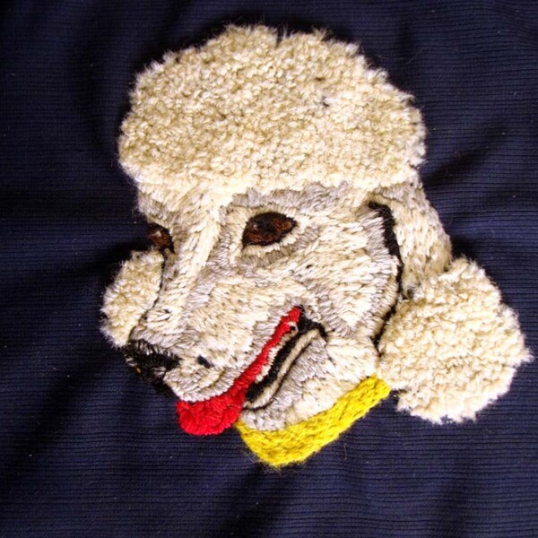 Vintage 16 x 16 Navy Blue Pillow Cover with Portrait  of a Standard White Poodle