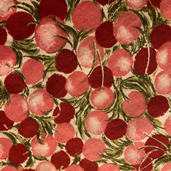 Vintage Cotton Print Fabric to Repurpose Cherry's in Red Pinks and Olive Green on a White Ground for Children's Clothes or Kitchen Curtains