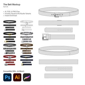 May include: A digital mockup showcasing various belt designs. The image includes several belt styles, such as solid colors, patterned, and belts with different buckle shapes. The text reads "The Belt Mockup" and lists file types and features.
