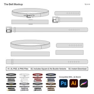 May include: A digital mockup of belts in various styles, including square and no-buckle variants. The image shows several belt designs, including a classic leather belt with a silver buckle, and a variety of patterned belts. The text reads "The Belt Mockup".