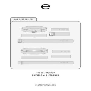 Op de afbeelding: Een digitaal riem-mockupbestand met een mappictogram met het label OUR BEST SELLER! met verschillende riemonderdelen, waaronder riemen met gespen en gaten. De tekst luidt THE BELT MOCKUP, EDITABLE .AI & .PSD FILES en INSTANT DOWNLOAD.