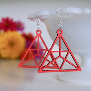Red Laser Cut Lightweight Wooden Earrings, Red Earrings, Wooden Earrings, Lightweight Earring, Popular Earrings, triangle Geometric earrings