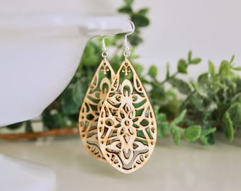 Laser Cut Earrings, Wooden Earrings, Natural Wood Earrings, Lightweight Earrings, Spring Earrings, Teardrop Earrings, Wood Earrings, Popular