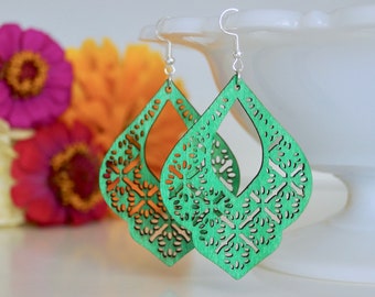 Laser Cut Green Wood Earrings: Lightweight Hypoallergenic Jewelry
