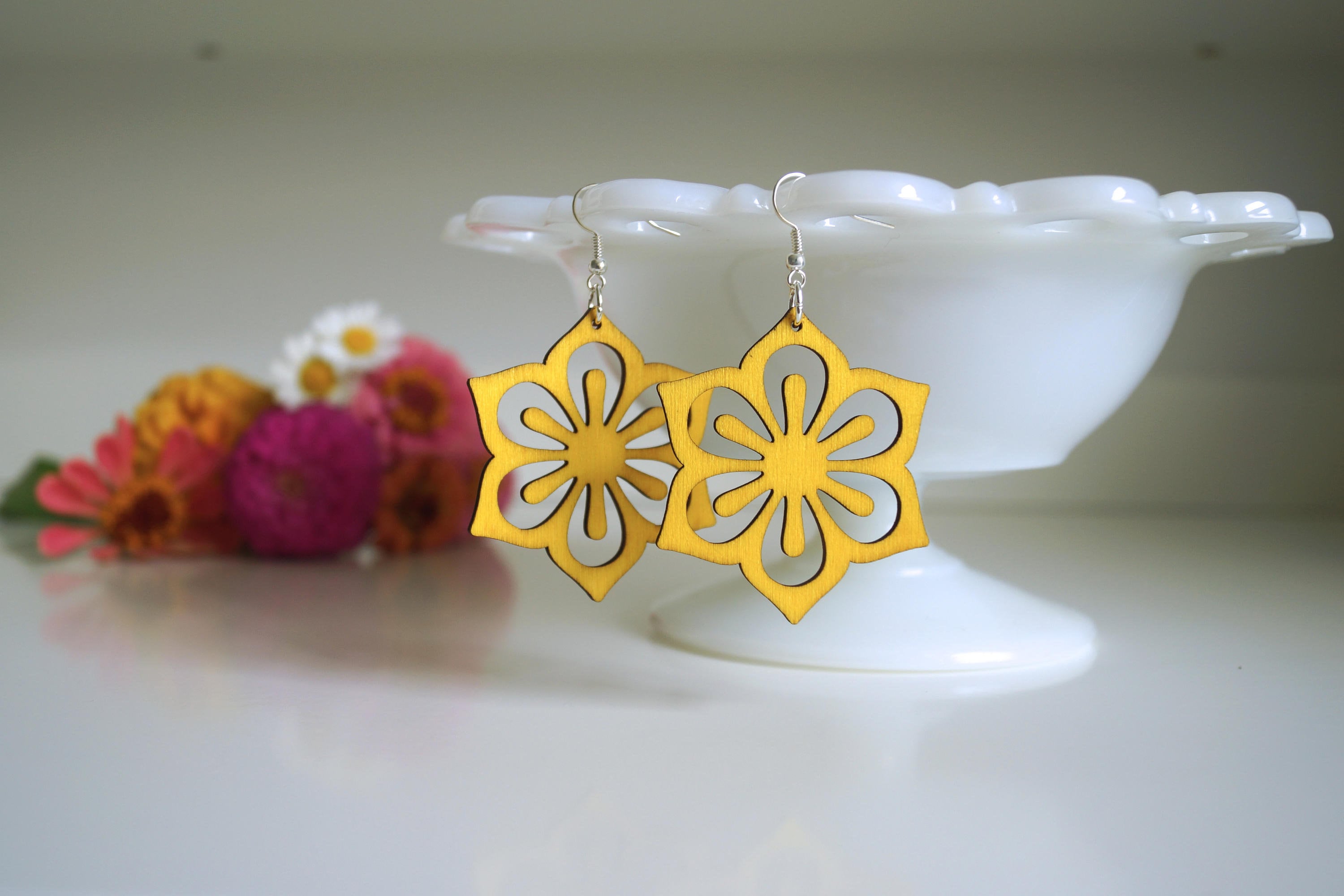 Laser Cut Wooden Flower Earrings: Sunshine Yellow, Lightweight