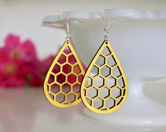 laser cut wooden earrings, wooden earrings, laser cut earrings, yellow earrings, lightweight earrings, popular earrings, hexagon earrings