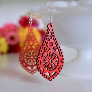 Red laser cut wooden earrings, red wooden earrings, lightweight earrings, laser cut wooden earrings, valentine earrings, gift for her