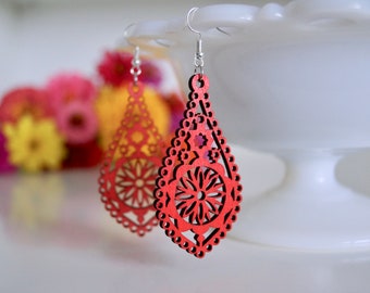 laser cut earrings, red earrings, wooden earrings, lightweight earrings, laser cut wooden earrings, valentine earrings, red wooden earrings