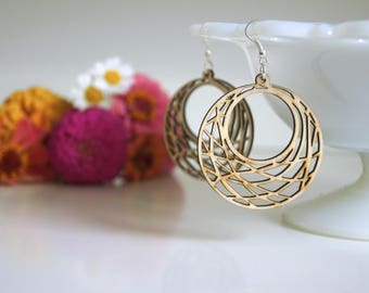 Natural Wooden Earrings, Laser Cut Earrings, Filigree Earrings, Lightweight Earrings, Dangly Earrings, Hoop Earrings, fall earrings