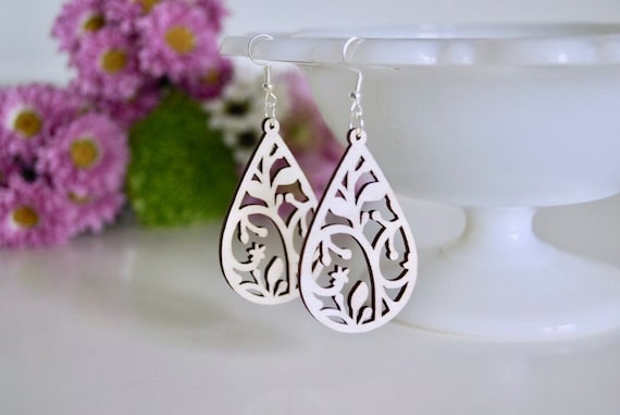 Laser Cut Teardrop Wood Earrings: Lightweight Natural Wood
