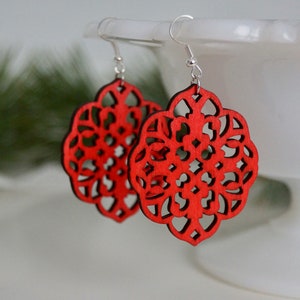 Laser Cut Earrings, Red Earrings, Wooden Earrings, Lightweight Earrings, Popular Earrings, wooden laser cut earrings, Christmas earrings