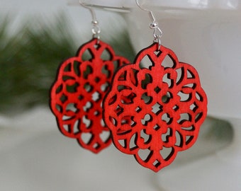 Laser Cut Red Wooden Earrings: Lightweight Dangle Earrings