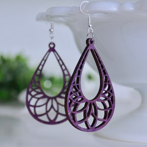 laser cut earrings, wooden earrings, laser cut wooden earrings, purple earrings, popular earrings, fall earrings, moroccan earrings