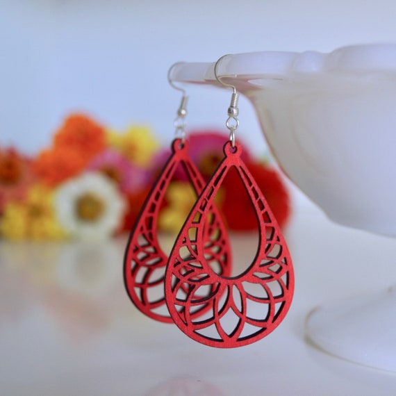 Red Wooden Earrings Lightweight Wooden Earrings Popular Gift Popular Earrings Friend Gift Gifts for Women Red Earrings Red Wood Etsy