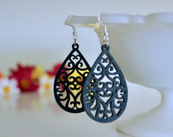 Laser Cut Black Teardrop Earrings: Lightweight Wooden Jewelry