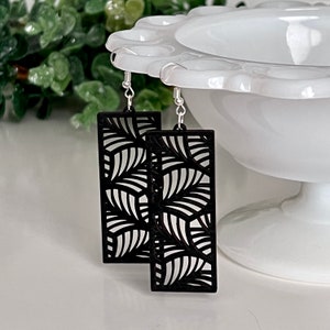 Black Wooden Laser Cut Earrings, Black Earrings, Laser Cut Earrings, Lightweight Earrings, Leaf Earrings, Rectangle Earrings, Black Wood