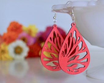 laser cut earrings, red earrings, wooden earrings, lightweight earrings, laser cut wooden earrings, valentine earrings, red wooden earrings