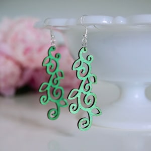 Green Laser Cut Lightweight Dangle Earrings, Long Green Wood Earrings, Leaf Earrings, Lightweight Earrings, Popular Wooden Dangly Earrings