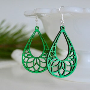 Laser Cut Earrings, Green Wood Earrings, Wooden Earrings, Lightweight Earrings, Green Earrings, Popular Earrings, Christmas Earrings, Green