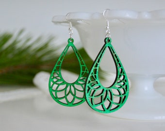 Laser Cut Earrings, Green Wood Earrings, Wooden Earrings, Lightweight Earrings, Green Earrings, Popular Earrings, Christmas Earrings, Green