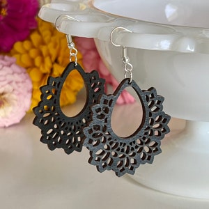 Black Laser Cut Lightweight Wooden Earrings, Black Wood Earrings, Large Laser Cut Earrings, Handmade Jewelry, Fall Earrings, popular gift