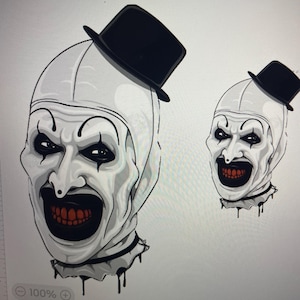 May include: Two illustrations of a scary clown's head with a black top hat. The clown has white skin, black eyes, a large red mouth, and black drips from the neck. The image is on a white background.