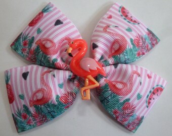Tropical aqua blue green with pink flamingo print 4" Pin up hair bow clip Tropical aqua blue green with pink flamingo print 4" Pin up hair bow clip