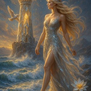 May include: A digital art image of a woman in a shimmering silver gown walking near a lighthouse. The lighthouse is lit, and a dove flies nearby. The scene is set at the ocean's edge, with waves and a starry sky.